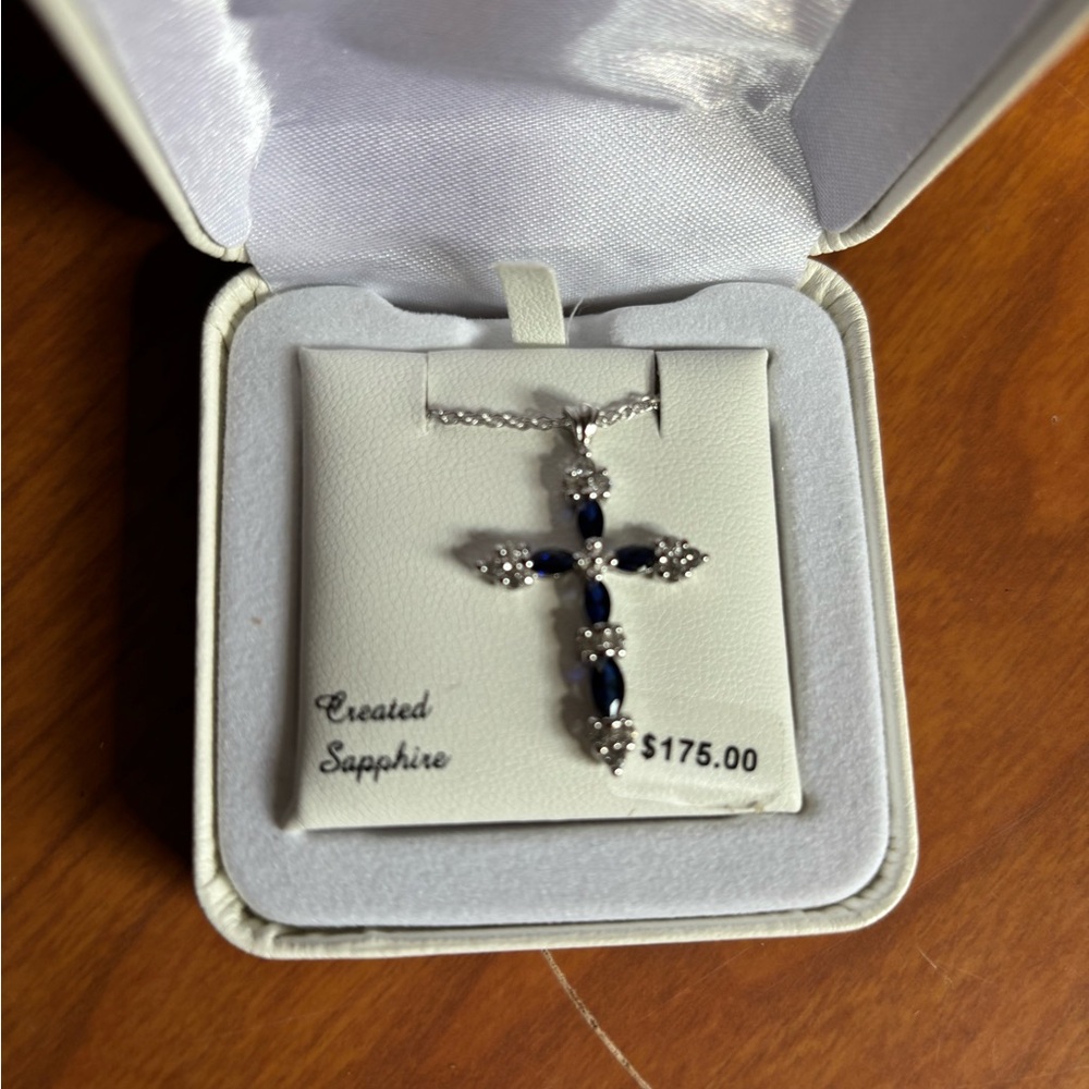 NWT Created Sapphire Cross Pendant Necklace - Picture 2 of 6